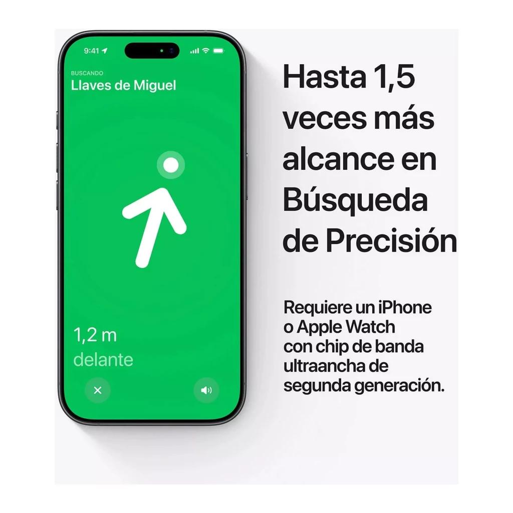 Écran iPhone vert montrant flèche de direction et distance 1,2 m pour localiser un objet avec Apple AirTag 2e génération, compatibilité iPhone ou Apple