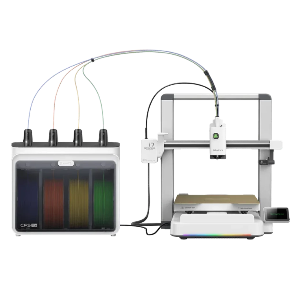 Módulo SPARKX i7 com 4 filamentos visíveis e tubos Bowden para impressora 3D; mudança automática de cor, chassis metálico, base rígida e ecrã