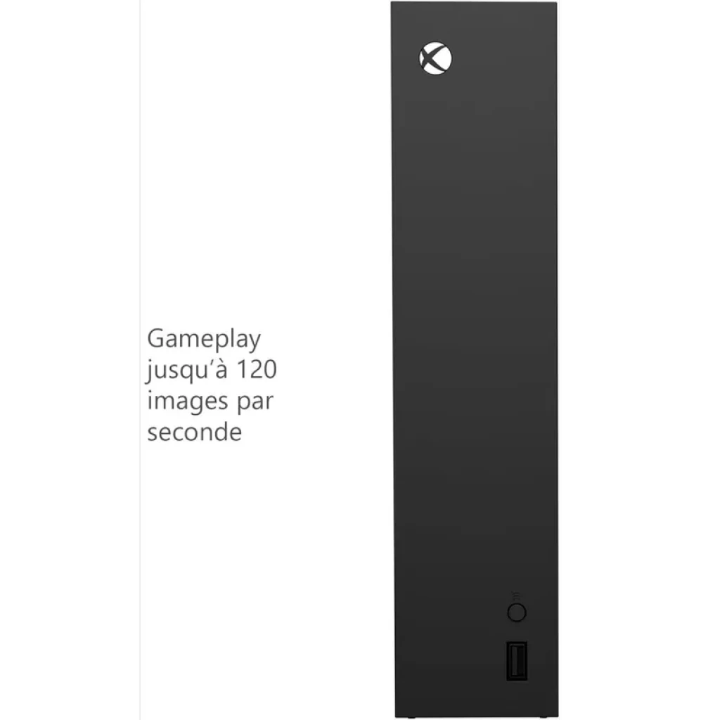Consola Xbox Series S 1TB renovada en negro, formato vertical delgado, puerto USB frontal y botón de encendido; rendimiento hasta 120 fps