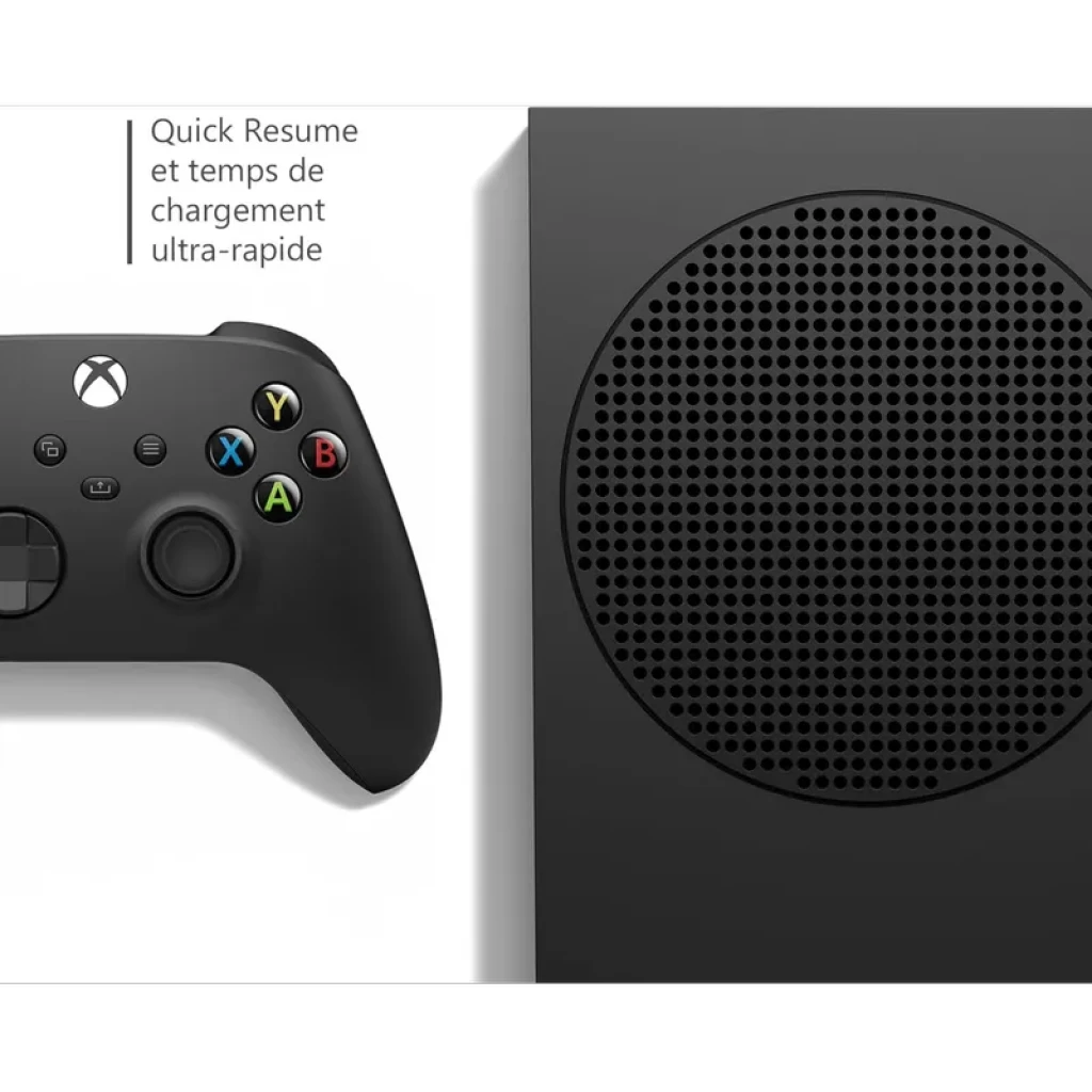 Xbox Series S 1TB Negro Renovado en estado excelente con mando inalámbrico negro, rejilla circular de ventilación y botones ABXY de colores