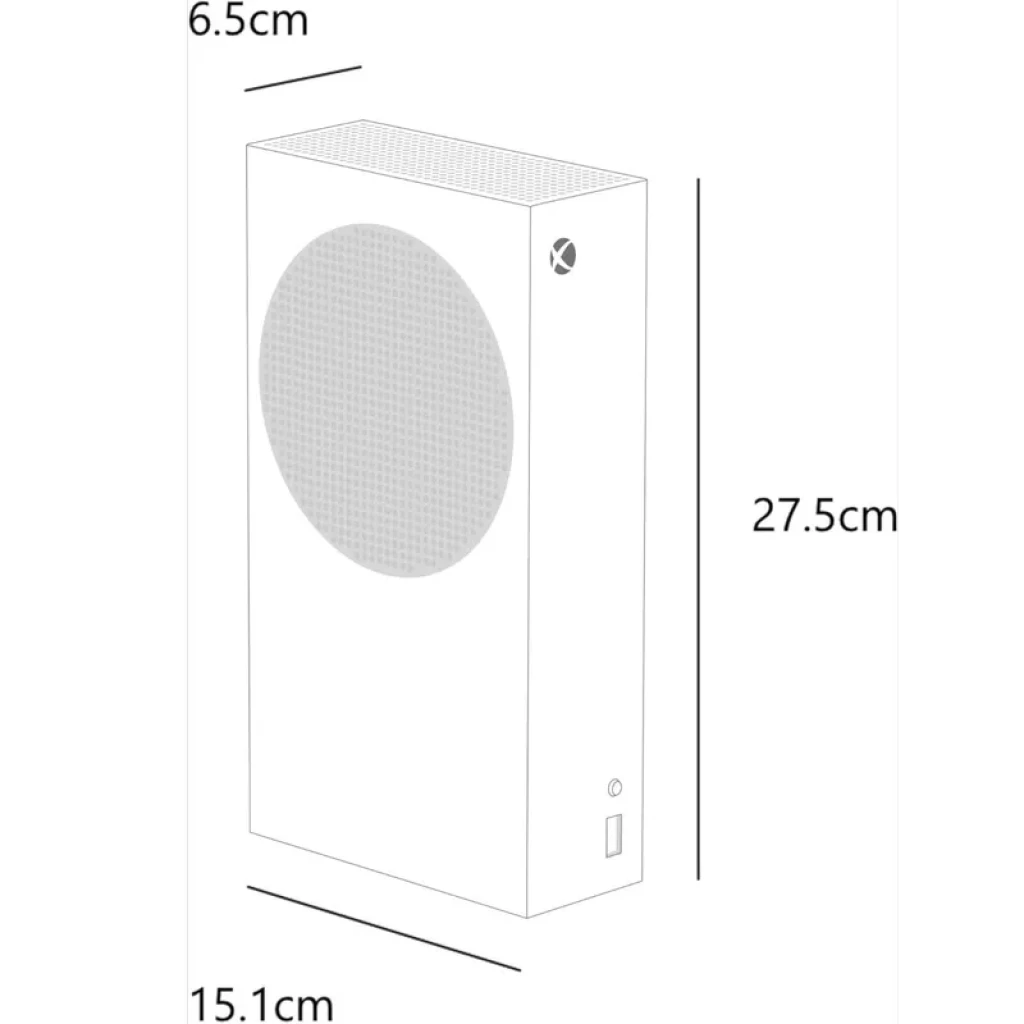 Consola compacta vertical con rejilla circular frontal, puerto USB y botón de encendido; dimensiones 27.5 x 15.1 x 6.5 cm, color negro renovado 1TB