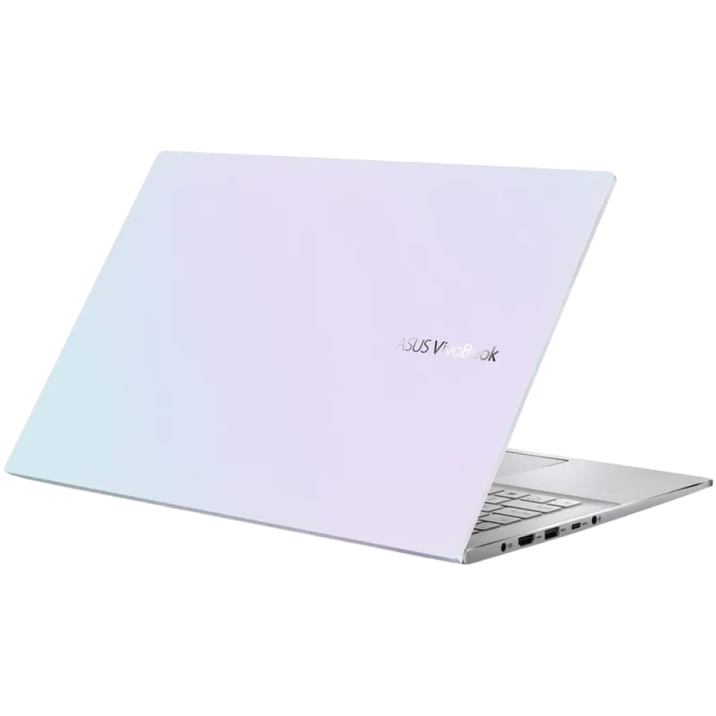 Portátil Asus VivoBook S15 plateado con tapa metálica minimalista, logo ASUS centrado, bisagras sólidas y teclado plateado de tamaño completo visible