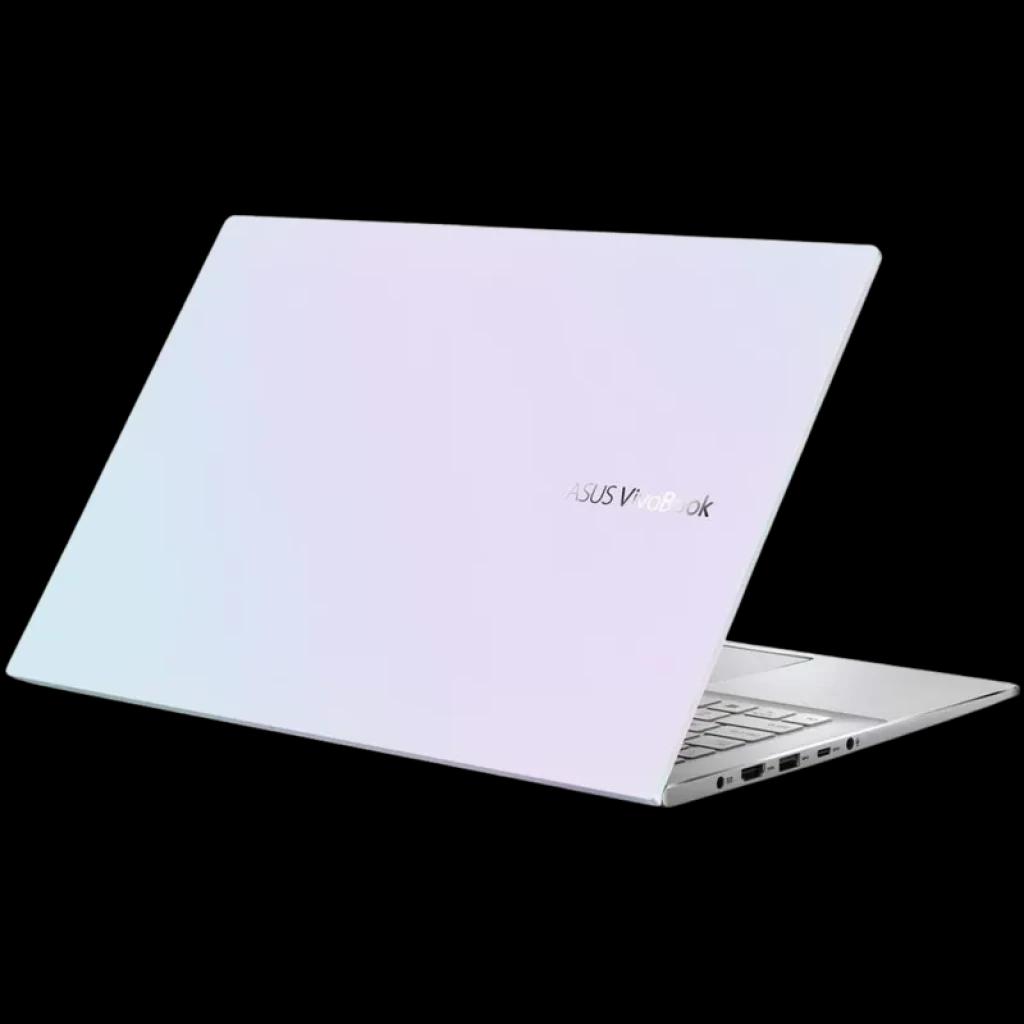 Portátil Asus VivoBook S15 plateado con tapa metálica minimalista, logo ASUS centrado, bisagras sólidas y teclado plateado de tamaño completo visible