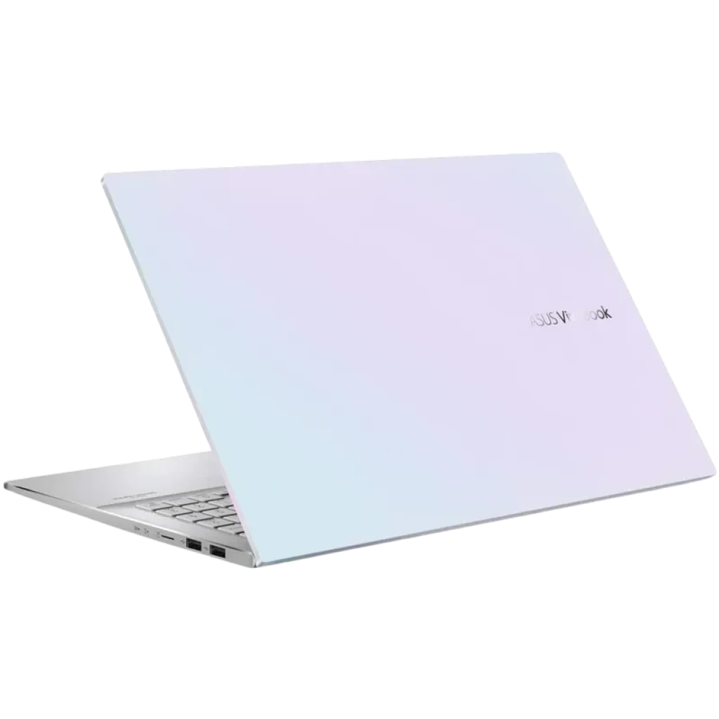 Portátil Asus VivoBook S15 plateado con tapa en degradado nacarado, logo lateral, diseño delgado y bisagra amplia. Teclado claro y chasis metálico.
