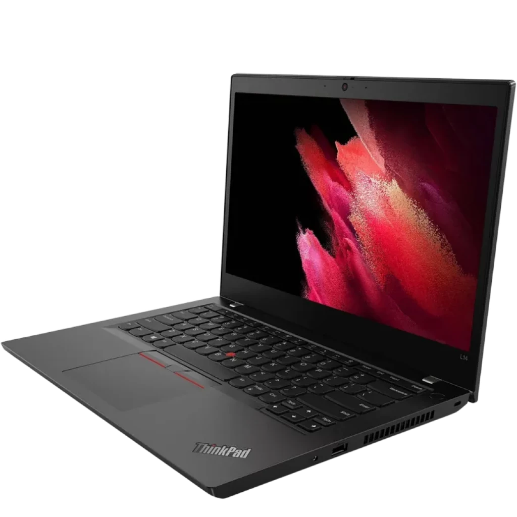 Lenovo ThinkPad L14 Gen 1 14 pouces noir mat, clavier QWERTZ avec TrackPoint, châssis robuste, écran bord fin ouvert en angle, webcam centrée