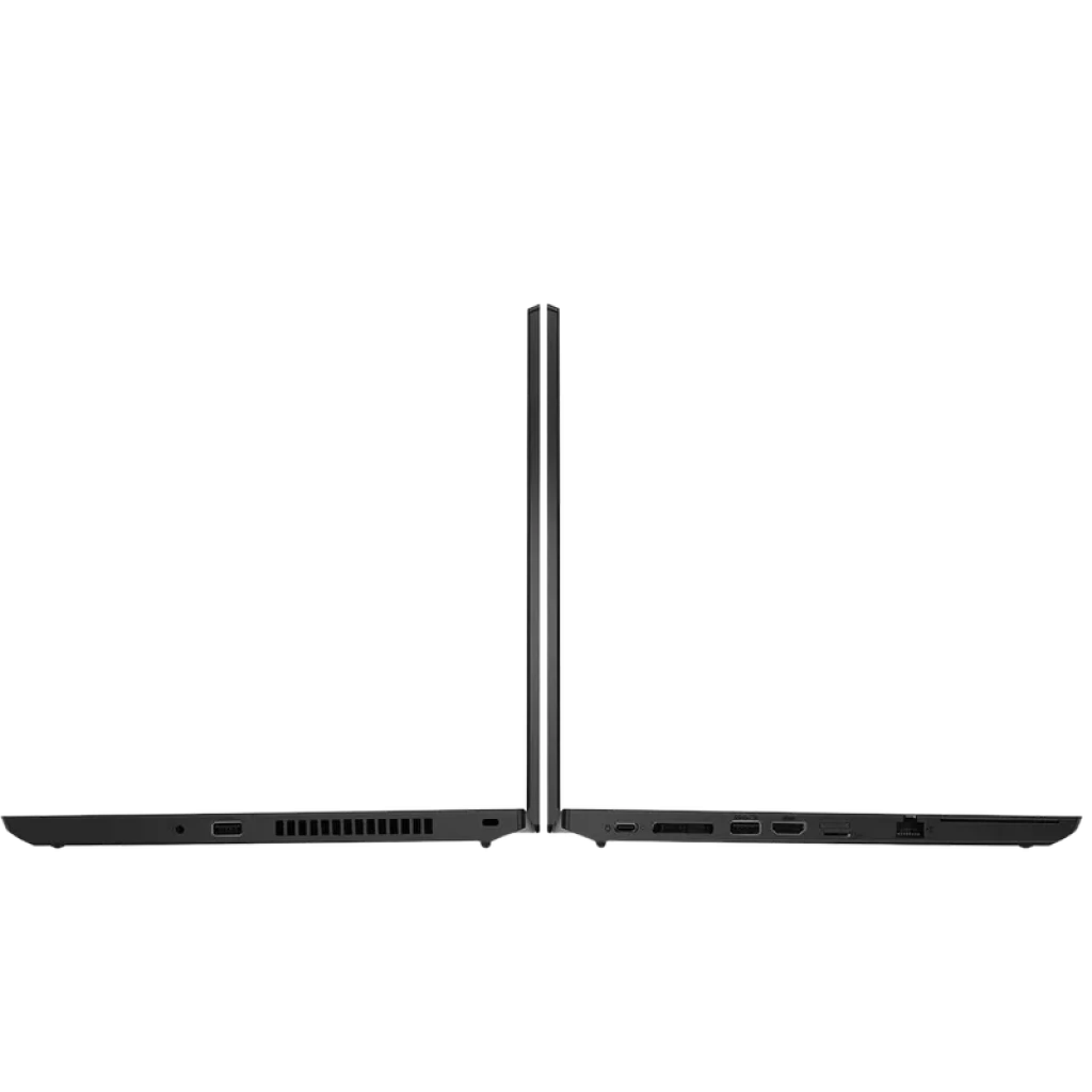 Lenovo ThinkPad L14 Gen 1 noir, profil ultra fin ouvert à 90°, multiples ports latéraux USB HDMI RJ45 et ventilation visible, clavier QWERTZ, état excellent