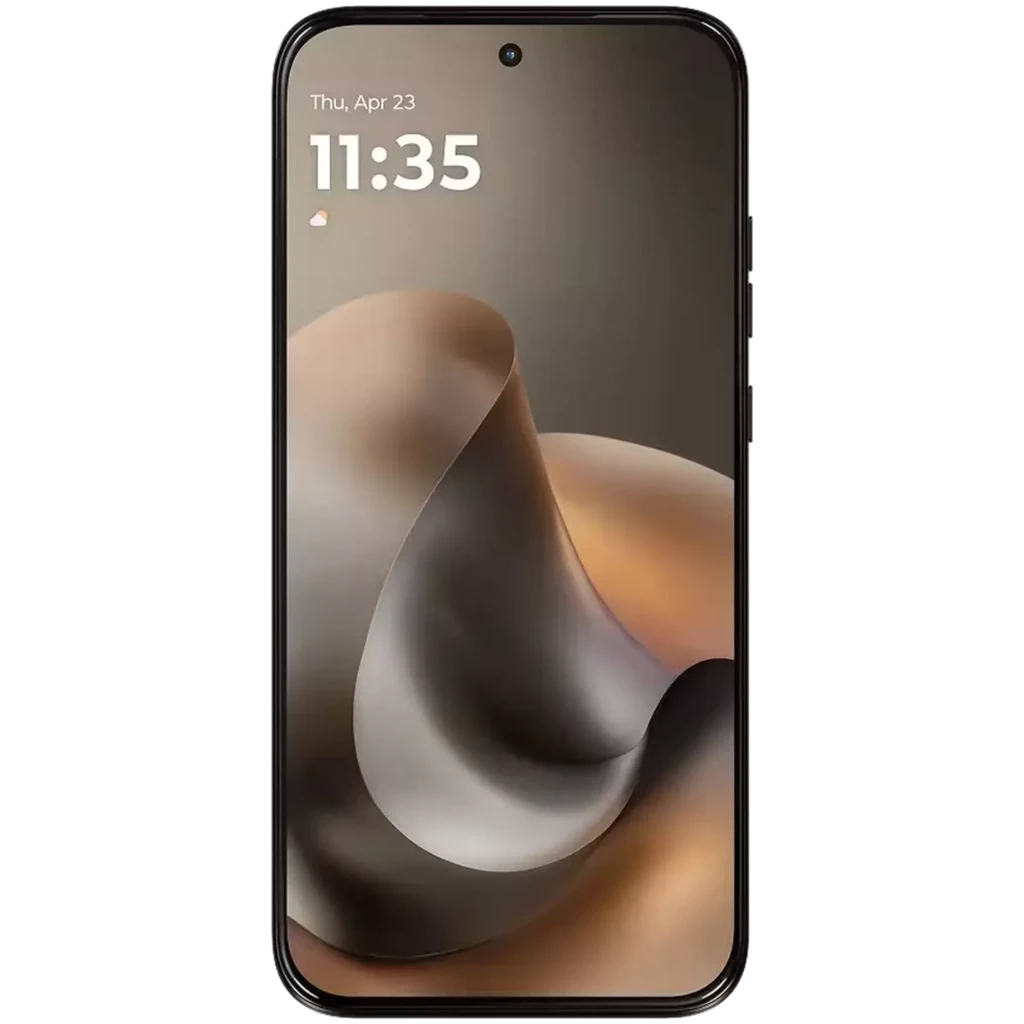 Motorola Moto G77 Noir Olive écran Extreme AMOLED bord à bord, poinçon centré, horloge 11:35, dégradés bruns élégants, verre lisse et cadres fins