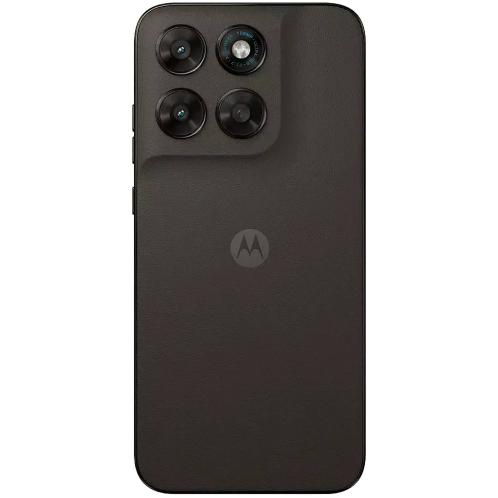 Dos du Motorola Moto G77 Noir Olive avec triple module photo proéminent, finitions mates élégantes, logo central discret, design épuré et premium