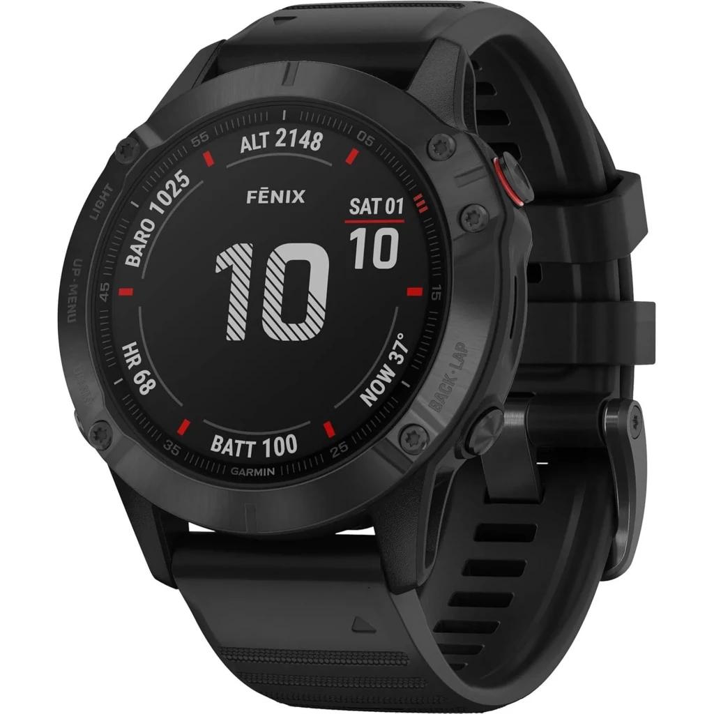 Garmin Fénix 6 Pro 47 mm preto renovado premium, caixa robusta, luneta com parafusos, pulseira de silicone, tela circular com métricas de treino em destaque