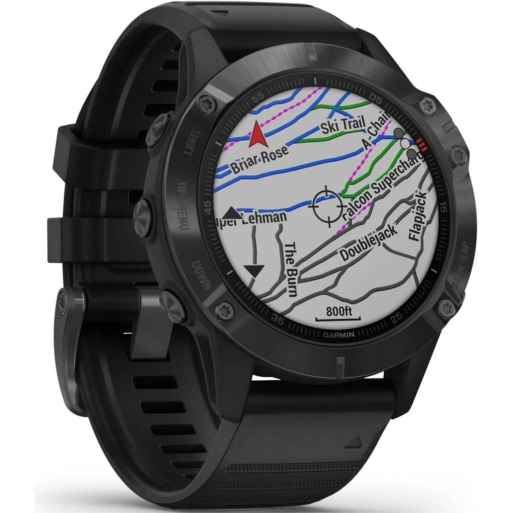 Garmin Fénix 6 Pro 47 mm Preto Renovado Estado Premium com caixa robusta preta, luneta metálica e tela com mapas coloridos detalhados e pulseira esportiva