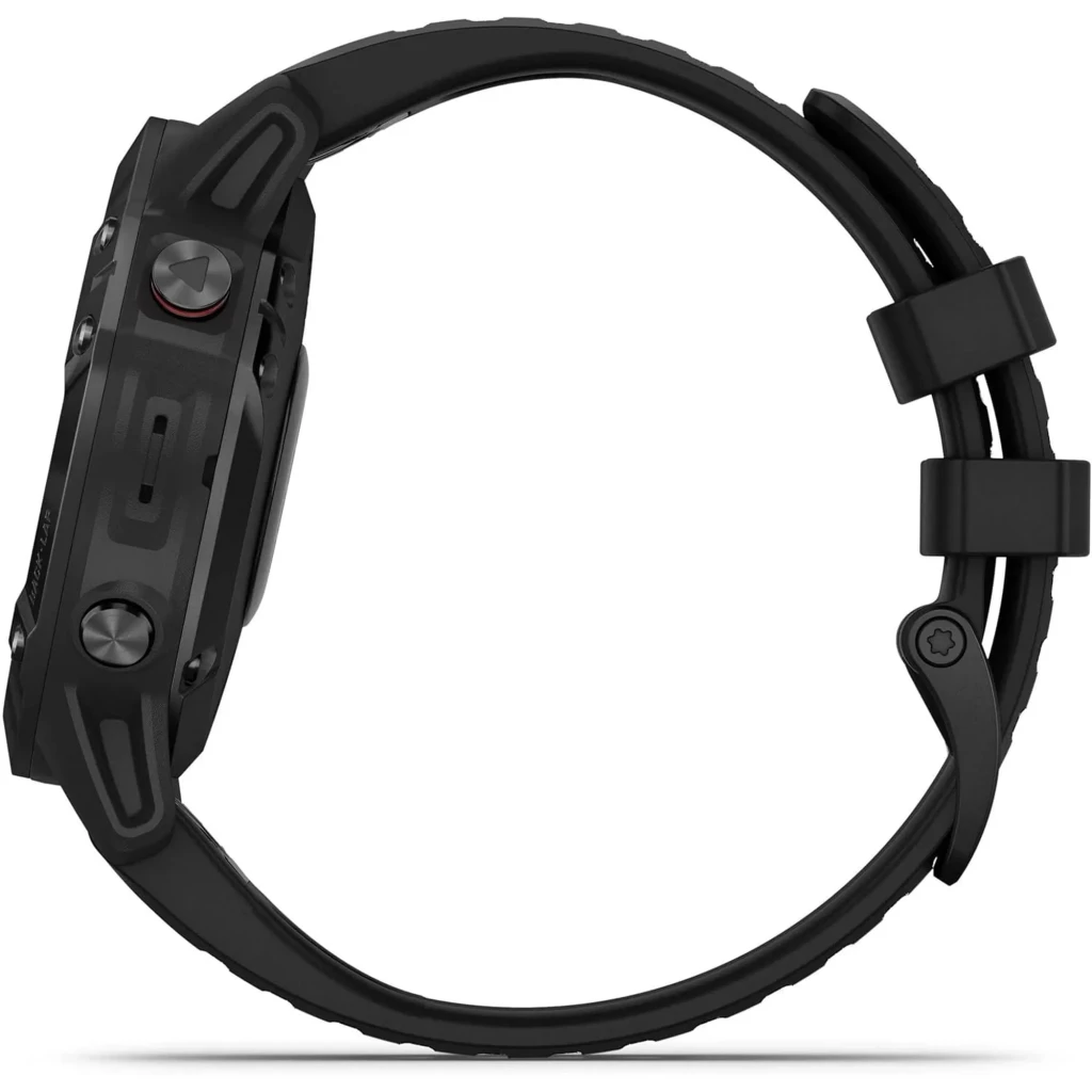 Garmin Fénix 6 Pro 47 mm preto renovado estado premium, caixa robusta, botões metálicos, moldura texturizada e pulseira de silicone com duas presilhas