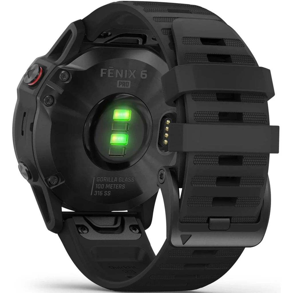 Garmin Fénix 6 Pro 47 mm Preto Renovado Estado Premium com sensor óptico verde ativo, fundo em aço inox 316L, vidro Gorilla Glass e pulseira preta ranhurada