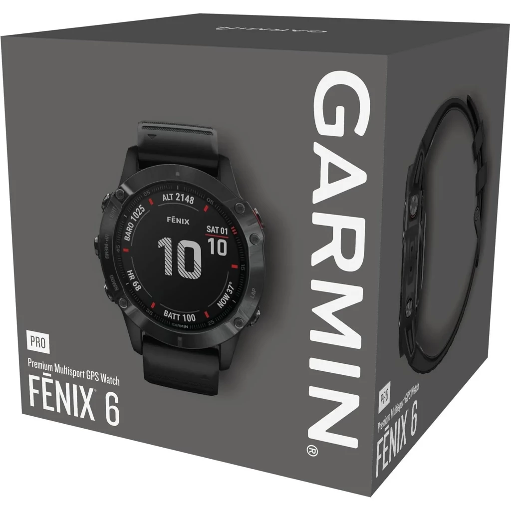 Caixa do Garmin Fénix 6 Pro 47 mm preta, mostrando relógio renovado Estado Premium com mostrador digital preto, pulseira preta e moldura robusta com botões.