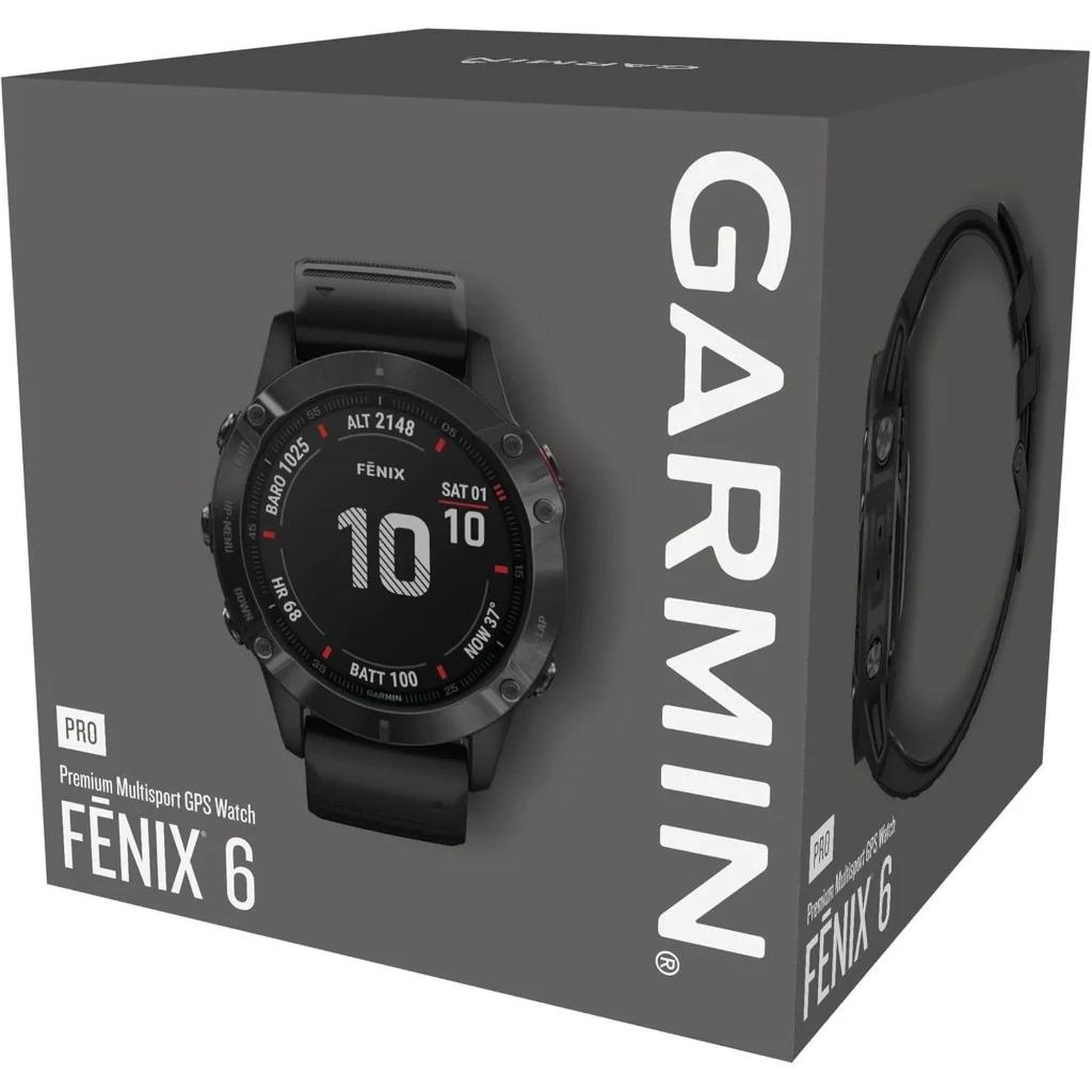 Caixa do Garmin Fénix 6 Pro 47 mm preta, mostrando relógio renovado Estado Premium com mostrador digital preto, pulseira preta e moldura robusta com botões.