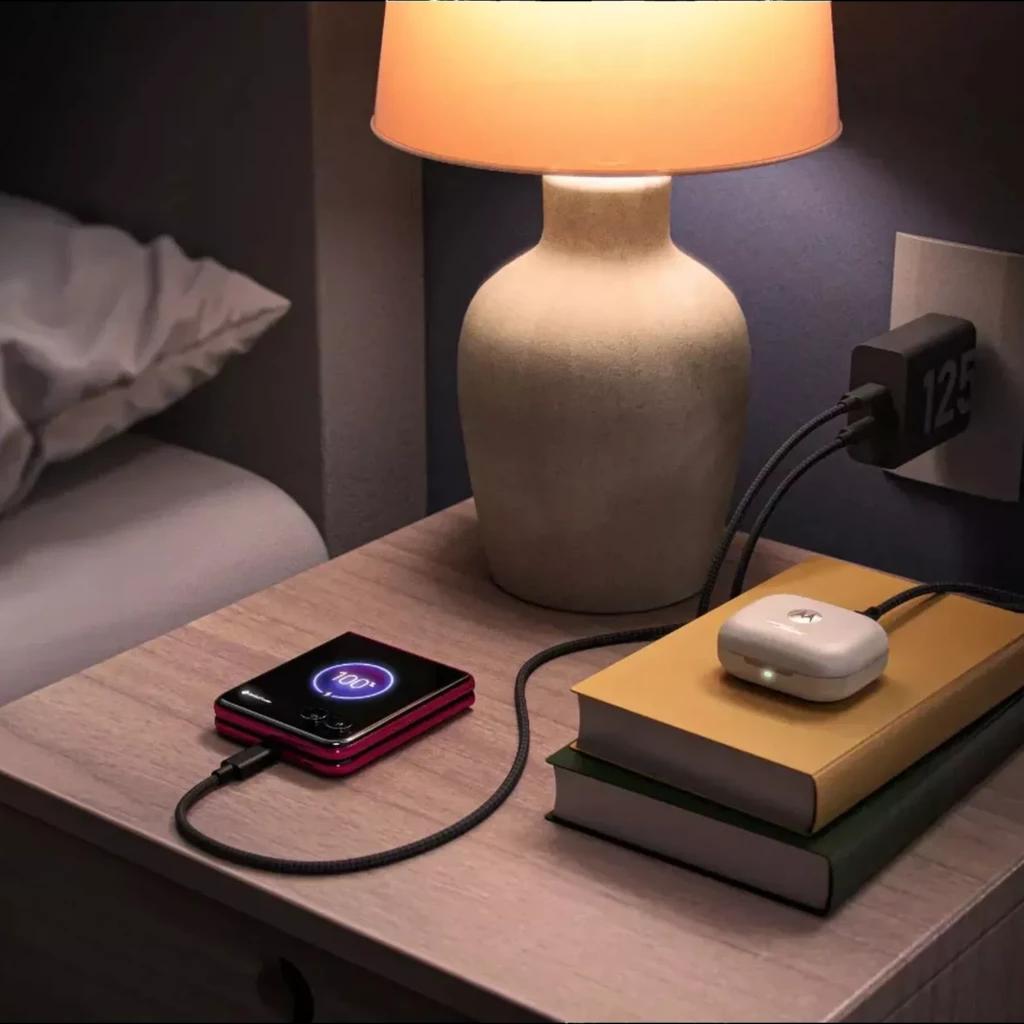 Motorola TurboPower 125 W Noir, chargeur mural compact avec deux ports USB-C, câble tressé connecté, LED 125, alimente smartphone pliable et étui