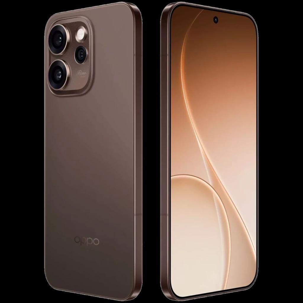 Oppo Reno15 Pro 5G marrón con acabado mate, pantalla de 6.32 pulgadas casi sin bordes, triple cámara trasera con módulo prominente y frontal perforada