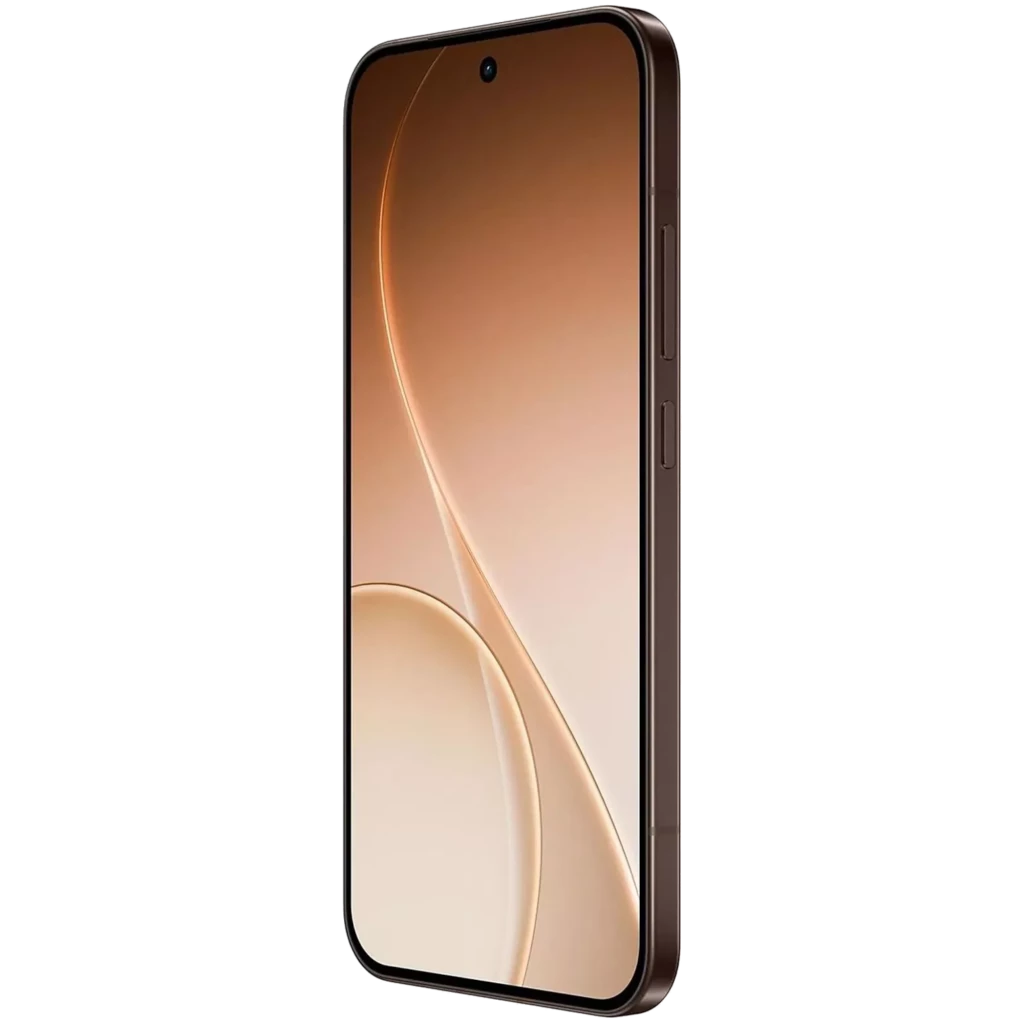 Oppo Reno15 Pro 5G marrón con pantalla 6.32 pulgadas casi sin bordes, cámara frontal en orificio centrado y marco lateral metálico estilizado