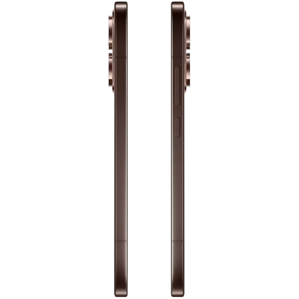 Lateral del Oppo Reno15 Pro 5G marrón con marco metálico delgado, botones alineados y módulo de cámara trasero prominente con anillos sobresalientes