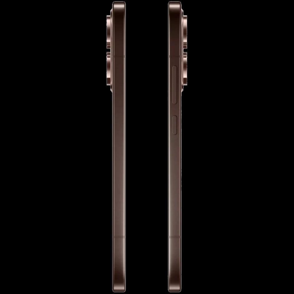Lateral del Oppo Reno15 Pro 5G marrón con marco metálico delgado, botones alineados y módulo de cámara trasero prominente con anillos sobresalientes