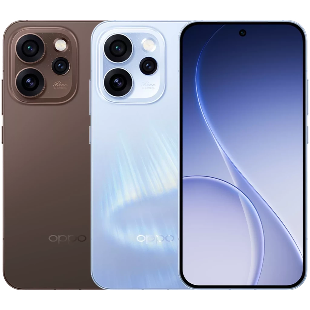 Oppo Reno15 Pro 5G azul con pantalla curva casi sin bordes, cámara triple trasera grande y frontal perforada centrada; acabado brillante y elegante