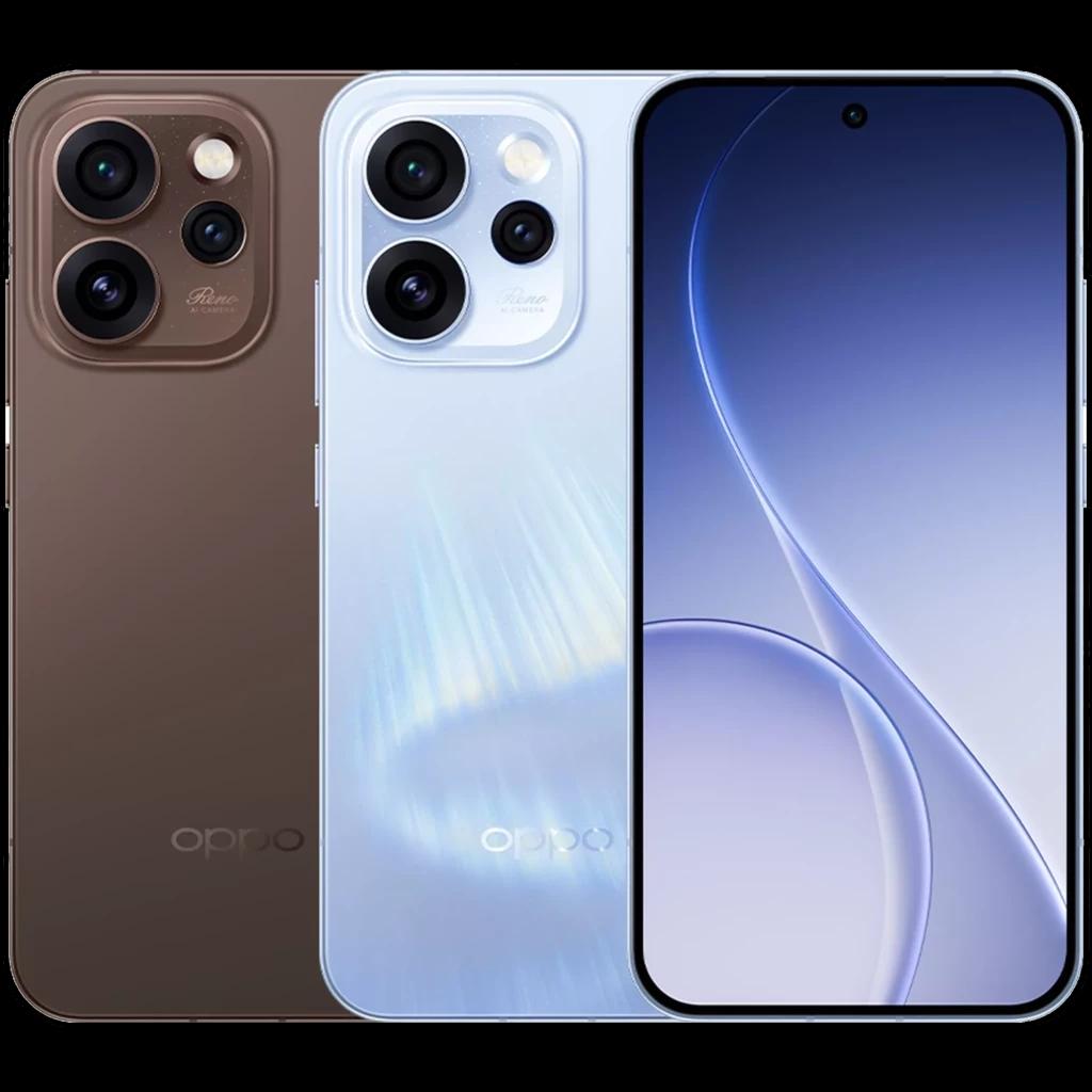 Oppo Reno15 Pro 5G azul con pantalla curva casi sin bordes, cámara triple trasera grande y frontal perforada centrada; acabado brillante y elegante