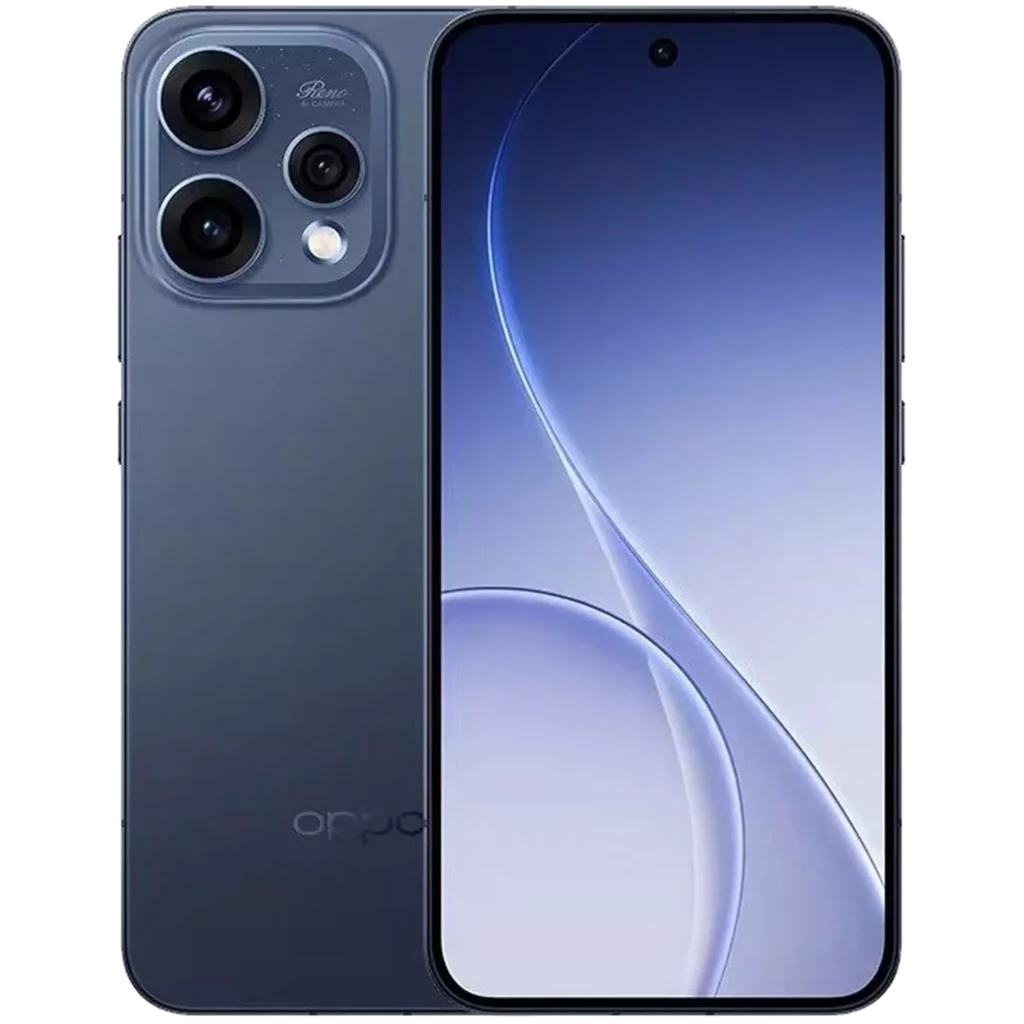 Oppo Reno15 5G 512GB Twilight Azul con pantalla casi sin bordes, cámara triple trasera con módulo cuadrado y frontal perforada, acabado azul mate elegante