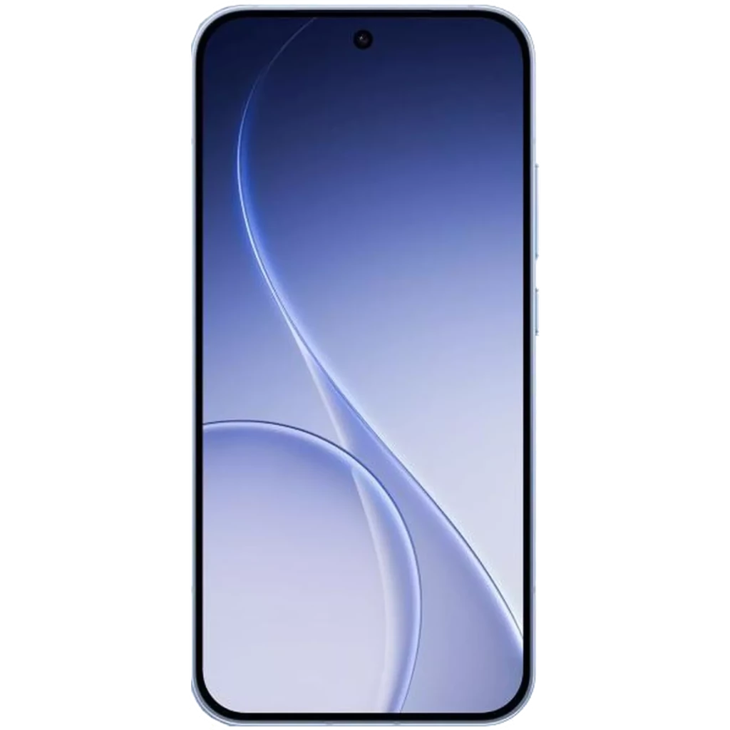 Pantalla frontal del Oppo Reno15 5G en azul Twilight con borde delgado, cámara perforada centrada y panel casi sin marcos, aspecto moderno y limpio