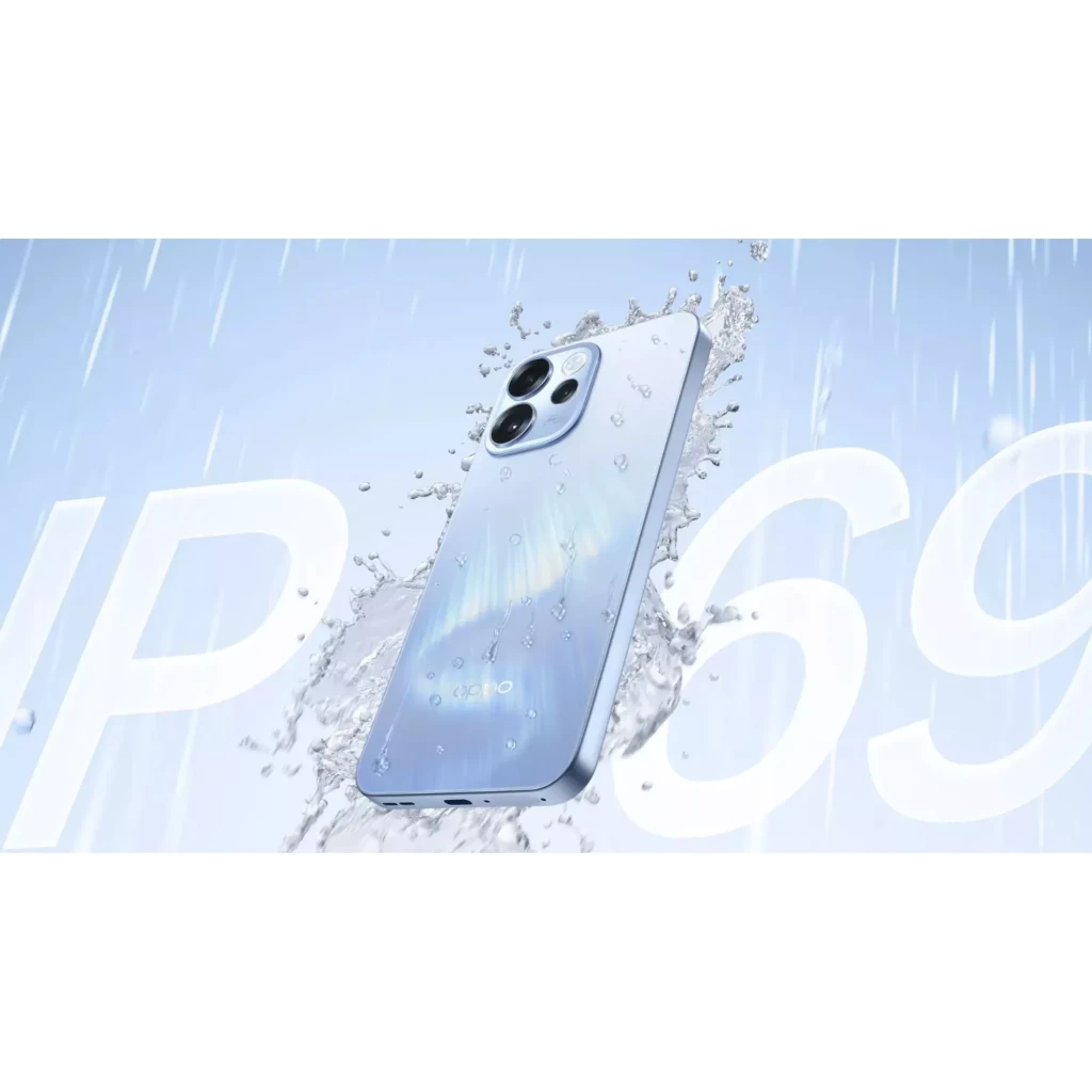 Oppo Reno15 5G Twilight Azul con acabado brillante y destellos, triple cámara trasera grande, resistente al agua IP69 con gotas y salpicaduras visibles