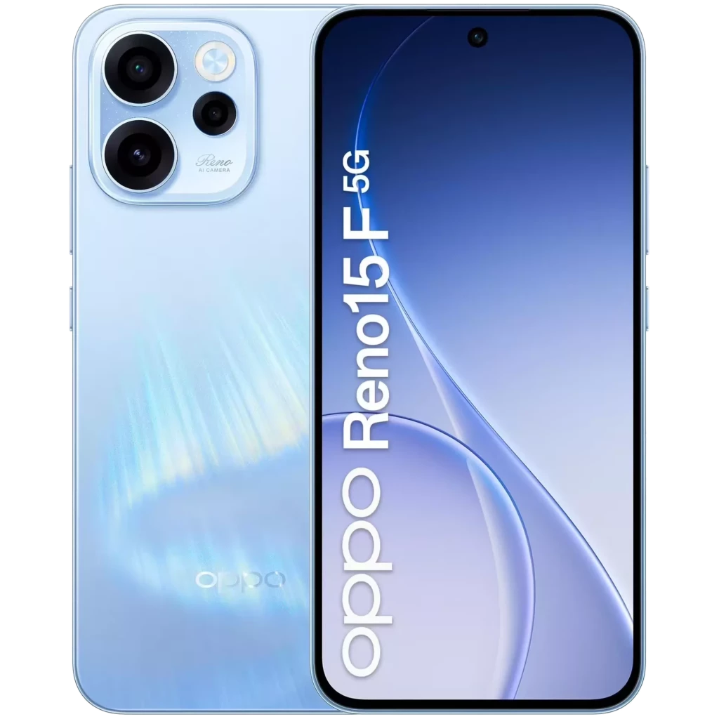 Oppo Reno15 F 5G en color Aurora Azul con pantalla de 6.57 pulgadas, diseño delgado, cámara triple trasera con módulo cuadrado y frontal con perforación