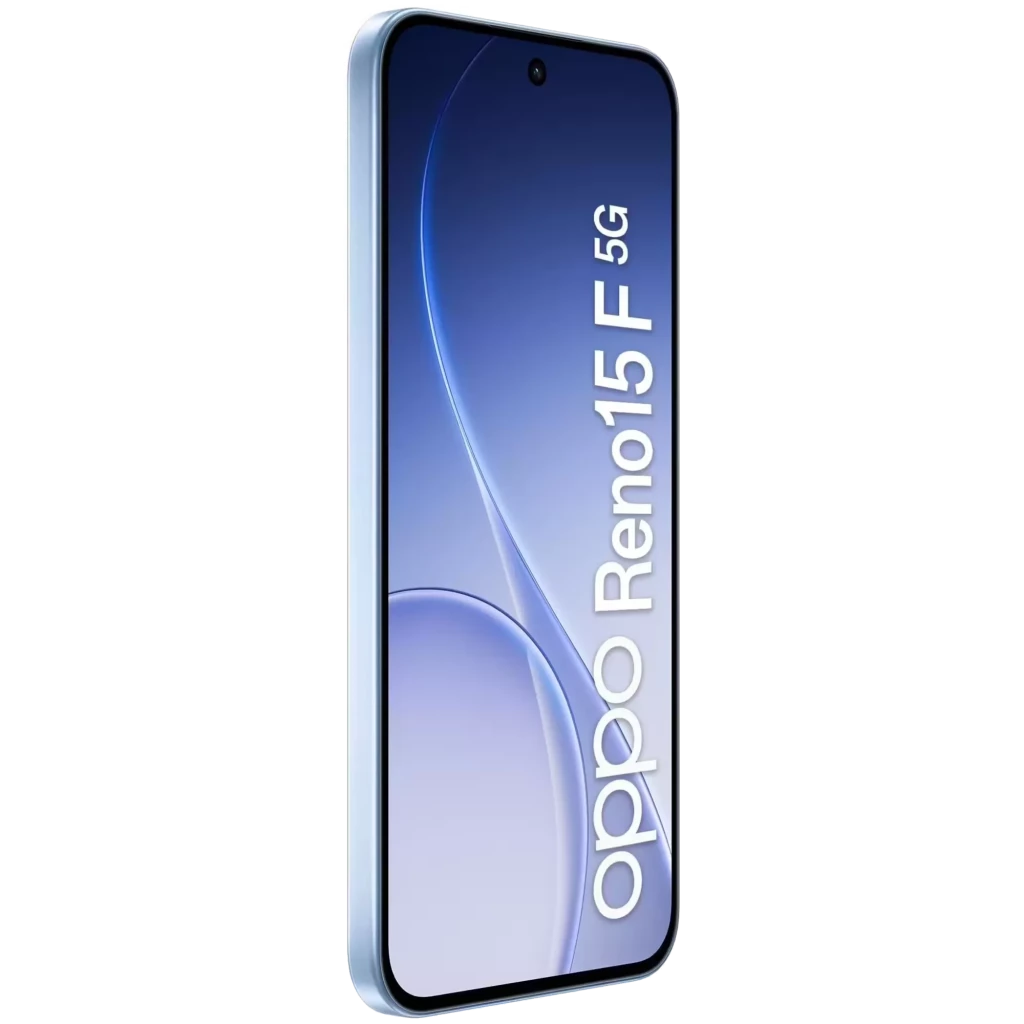 Oppo Reno15 F 5G en color aurora azul con pantalla de 6.57 pulgadas, borde delgado, cámara frontal en orificio central y diseño curvo elegante