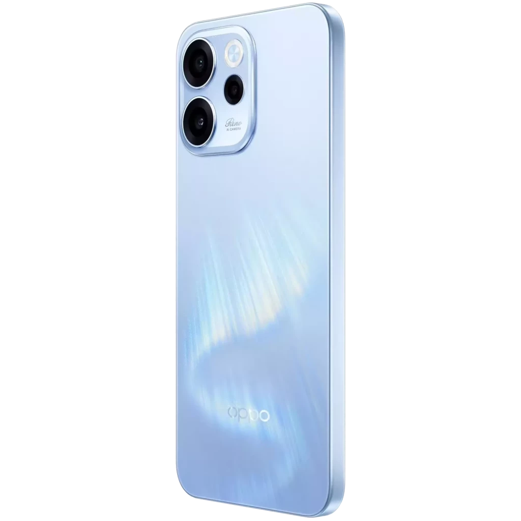 Oppo Reno15 F 5G en color Aurora Azul con acabado brillante, módulo trasero con triple cámara y bordes redondeados; diseño delgado y elegante