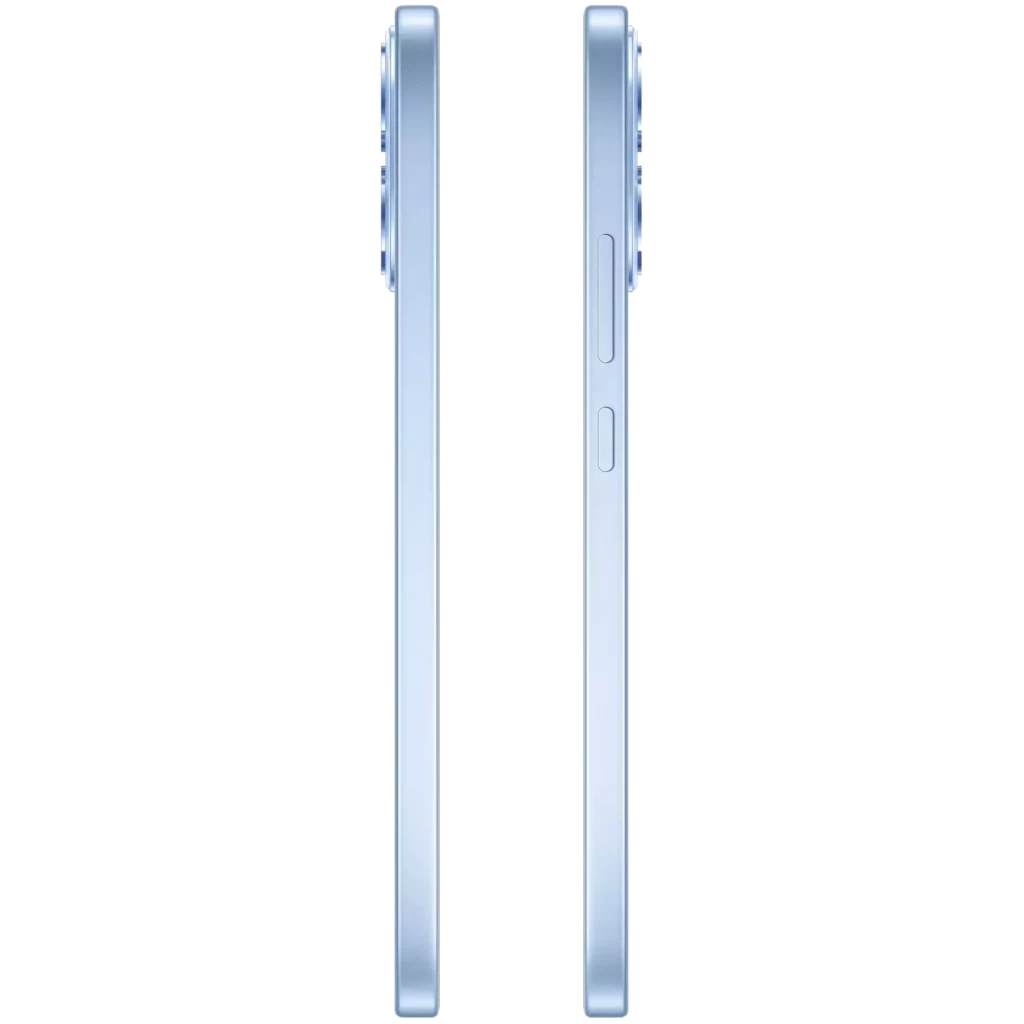 Bordes laterales del Oppo Reno15 F 5G en Aurora Azul, perfil delgado con marco metálico, botón de encendido y volumen, módulo de cámara sobresaliente