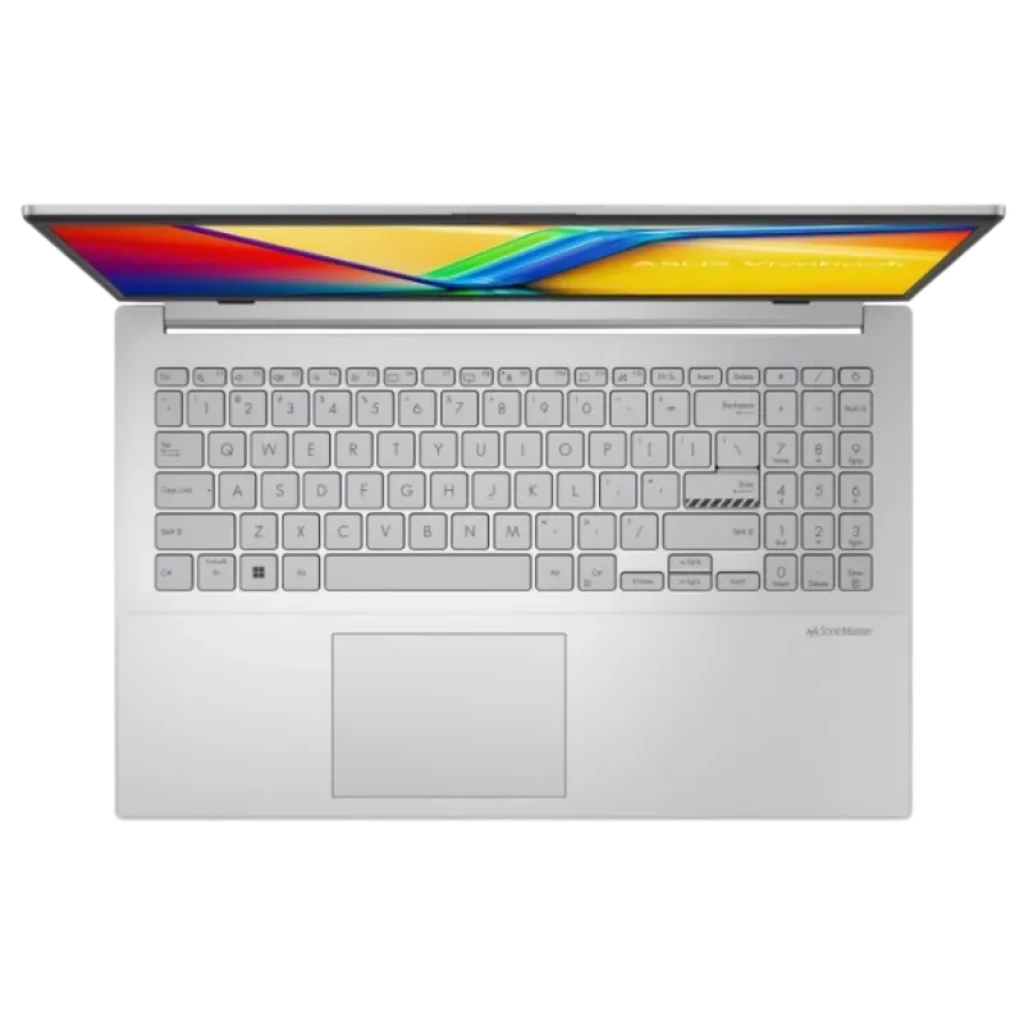 Portátil prateado Asus VivoBook 15 com teclado chiclet completo, touchpad amplo e ecrã 15,6 polegadas aberto parcialmente com molduras finas