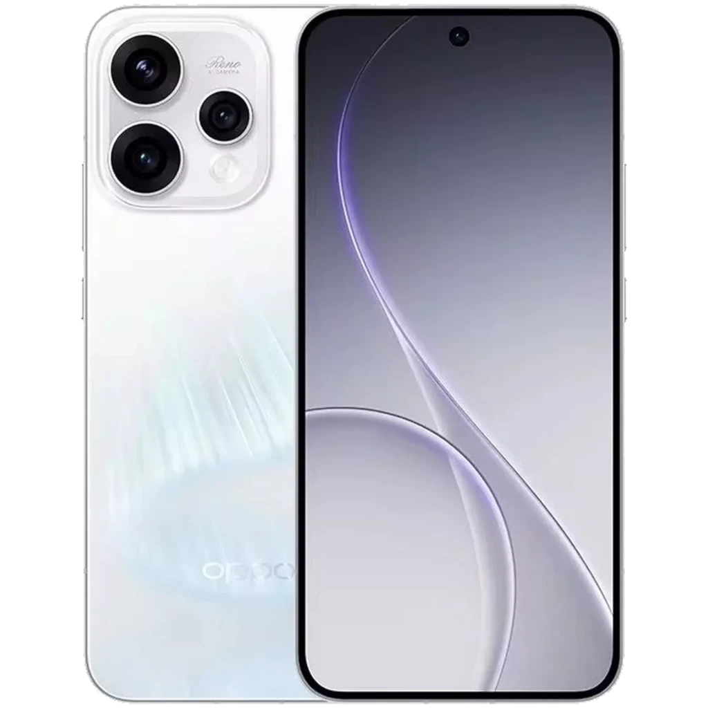 Oppo Reno15 5G en color Aurora Blanco con pantalla de 6.59 pulgadas casi sin bordes, agujero central para cámara frontal y triple cámara trasera con módulo