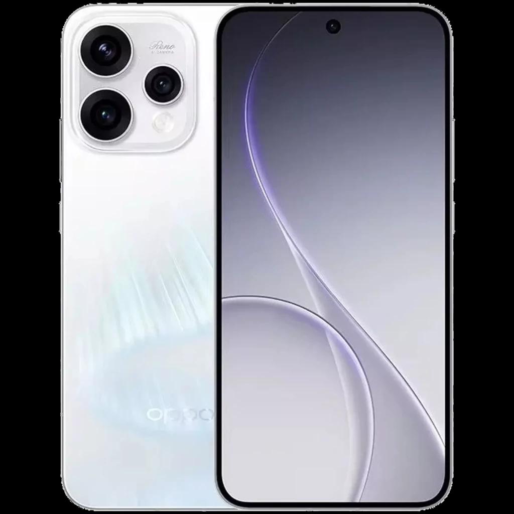 Oppo Reno15 5G en color Aurora Blanco con pantalla de 6.59 pulgadas casi sin bordes, agujero central para cámara frontal y triple cámara trasera con módulo