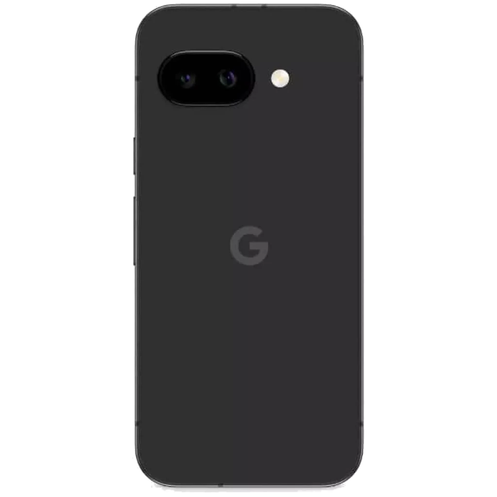 Parte trasera del Google Pixel 10a en color obsidiana con doble cámara horizontal, flash LED y logo G centrado; bordes redondeados y acabado mate.