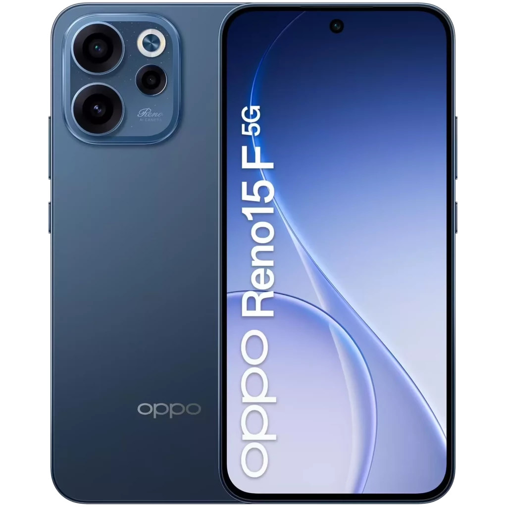 Oppo Reno15 F 5G en azul Twilight con pantalla FullHD+ de borde a borde, módulo triple de cámara trasera y acabado brillante elegante