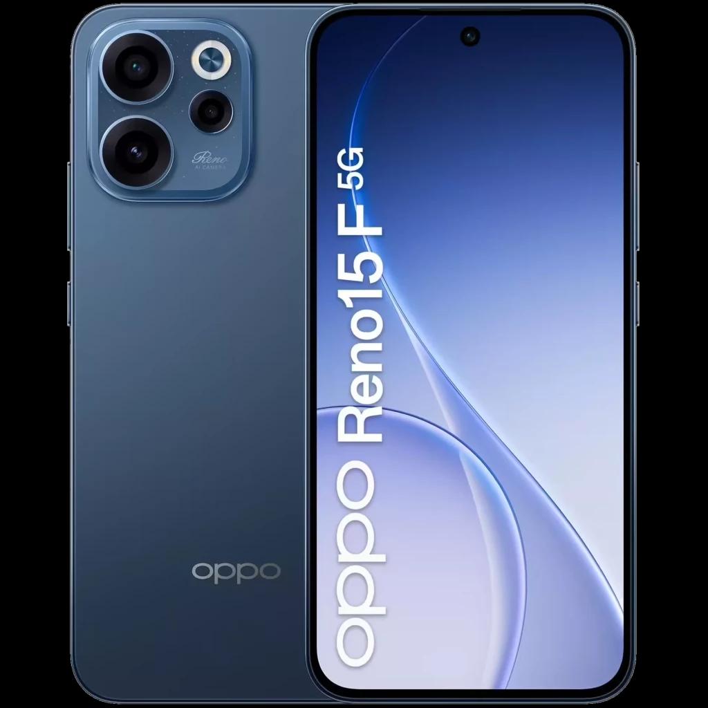 Oppo Reno15 F 5G en azul Twilight con pantalla FullHD+ de borde a borde, módulo triple de cámara trasera y acabado brillante elegante