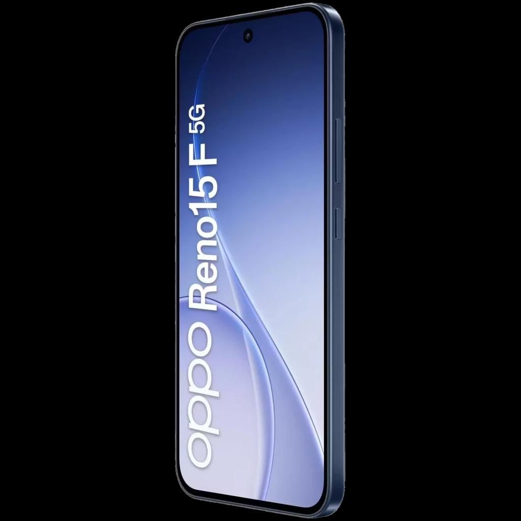 Oppo Reno15 F 5G azul Twilight con pantalla FullHD+, biseles delgados y cámara frontal en orificio central; diseño delgado y acabado elegante