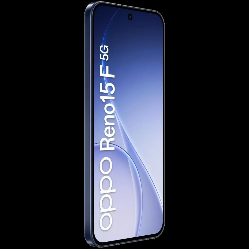 Smartphone Oppo Reno15 F 5G en color Twilight Azul con pantalla FullHD+ sin bordes y cámara frontal en perforación, diseño delgado y elegante