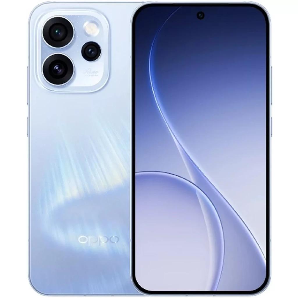 Oppo Reno15 Pro 5G azul con pantalla casi sin bordes y cámara trasera triple grande, acabado brillante iridiscente y frontal con perforación central
