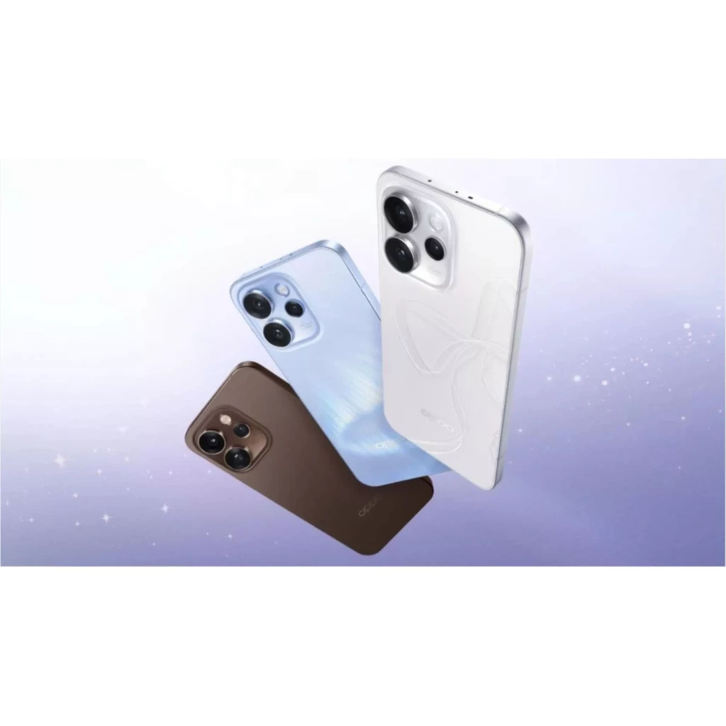Oppo Reno15 Pro 5G en azul, blanco y marrón con triple cámara trasera grande y acabado brillante, bordes curvos y diseño elegante flotando sobre fondo