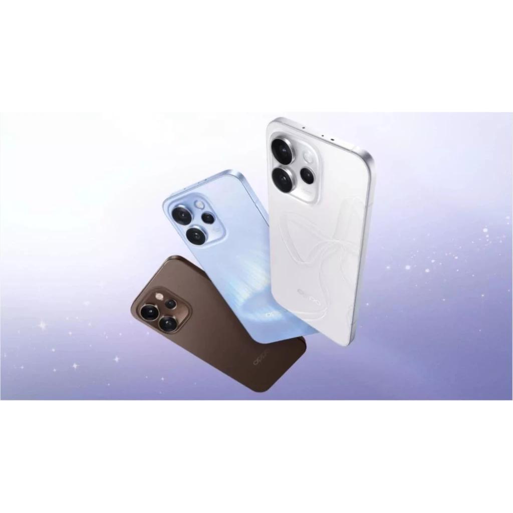 Oppo Reno15 Pro 5G en azul, blanco y marrón con triple cámara trasera grande y acabado brillante, bordes curvos y diseño elegante flotando sobre fondo