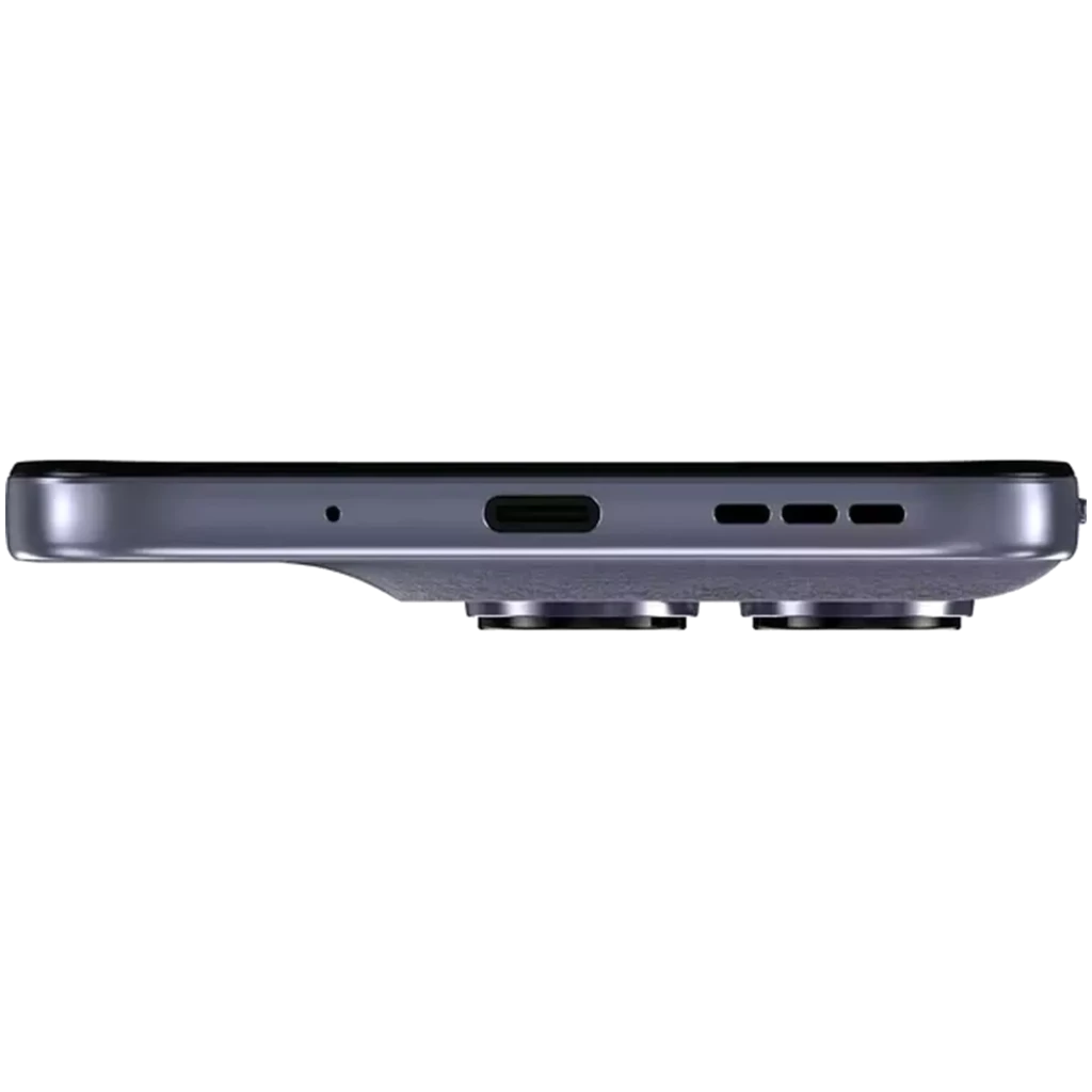 Motorola Moto G67 5G 128 Go Artic Seal vu de profil bas, port USB‑C centré, grille de haut‑parleur, bord arrondi, double module photo proéminent