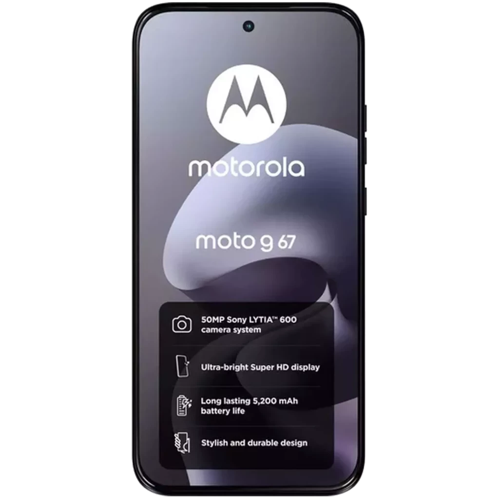 Motorola Moto G67 5G Artic Seal avec écran OLED bord à bord, poinçon centré, interface sombre et encadré des specs 50 MP, Super HD, batterie 5200 mAh