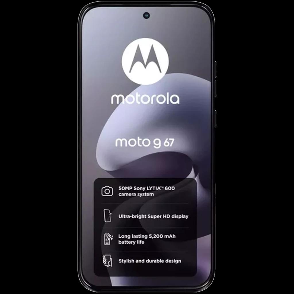 Motorola Moto G67 5G Artic Seal avec écran OLED bord à bord, poinçon centré, interface sombre et encadré des specs 50 MP, Super HD, batterie 5200 mAh