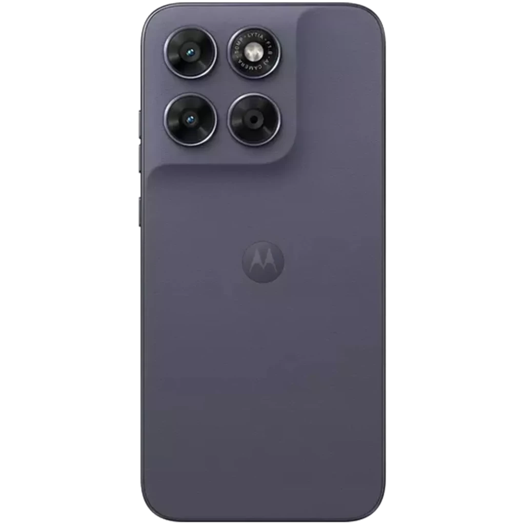 Dos du Motorola Moto G67 5G coloris Artic Seal avec module photo triple proéminent, finitions mates élégantes et logo central discret