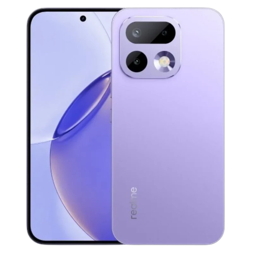 Realme 16 Pro 5G lilás com traseira fosca, módulo de câmera LumaColor em destaque, tela ampla com furo central, bordas finas e design elegante