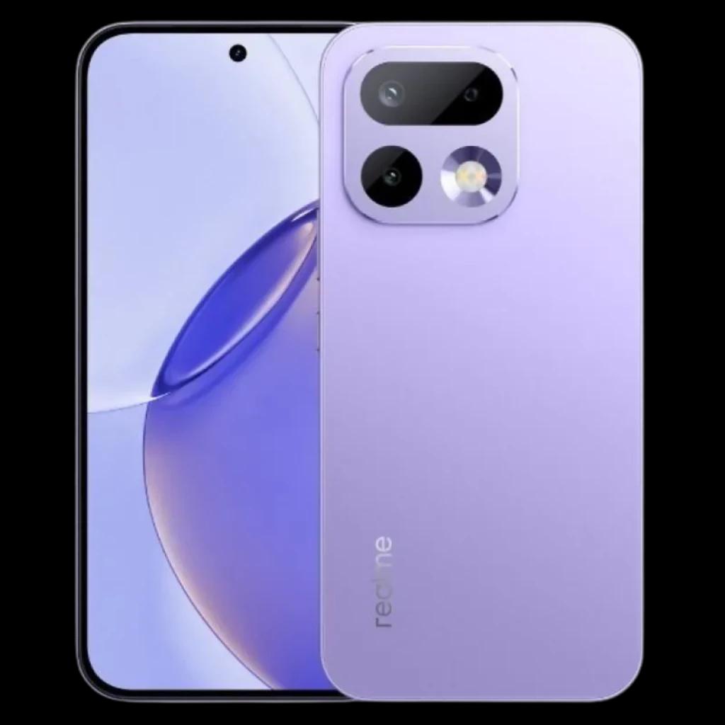 Realme 16 Pro 5G lilás com traseira fosca, módulo de câmera LumaColor em destaque, tela ampla com furo central, bordas finas e design elegante