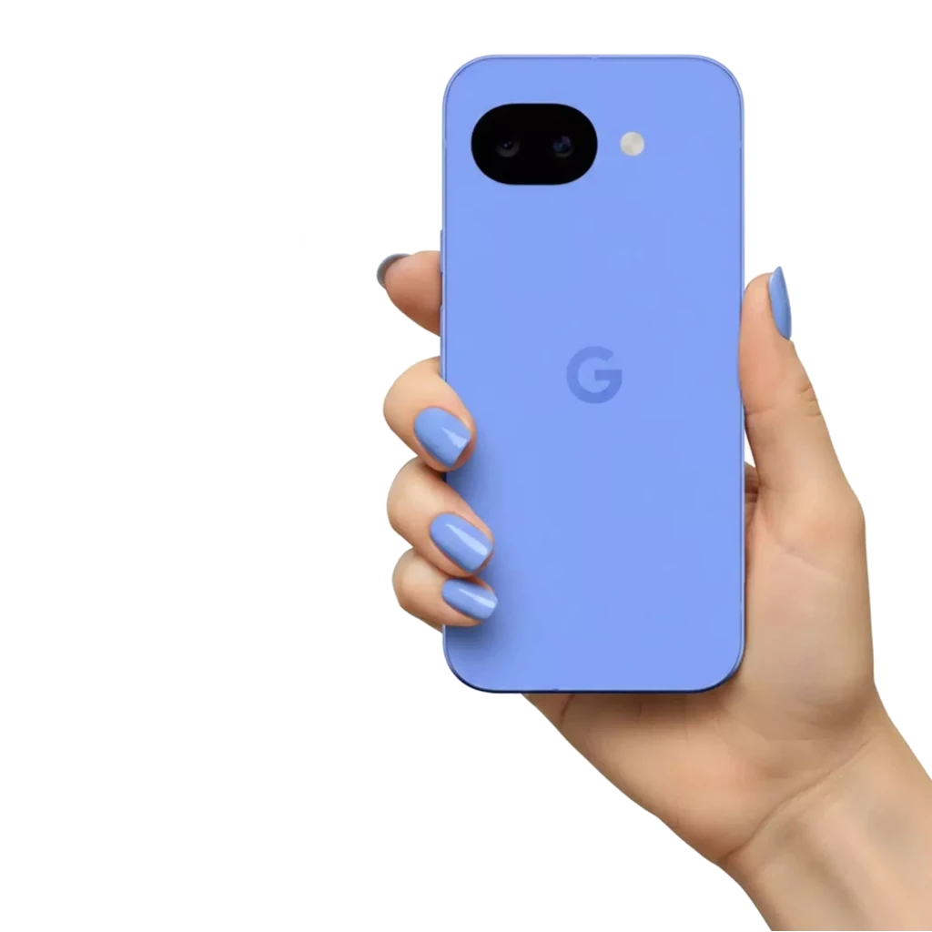Google Pixel 10a lavanda en mano, acabado mate, logo G centrado, doble cámara trasera con flash, diseño compacto y bordes curvos